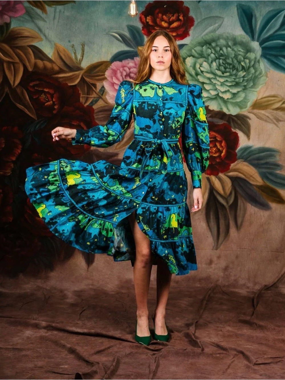 CeliaB Blue & Green Floral Puff-Sleeve Tiered Midi Dress
